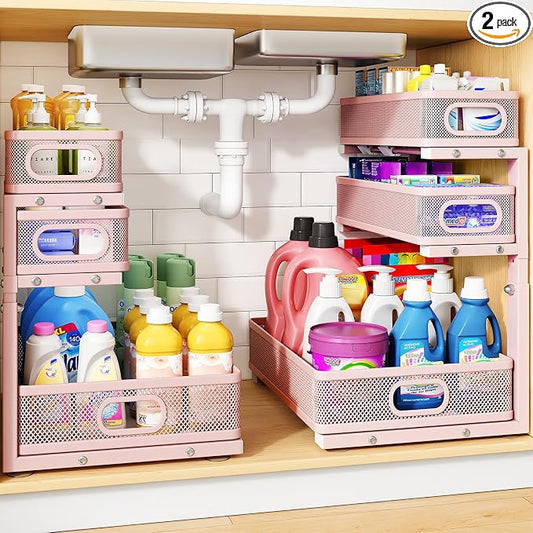 Under Sink Organizer, 3-Tier Thickened Metal Pull out Cabinet Organizer Shelf, Height Adjustable Slide out Storage Drawer Rack for Kitchen Bathroom Pantry Laundry Home Organization, 2-Pack, Pink | 35% Extra Storage Capacity, Carbon Steel, Hold Up 55lbs... by HERJOY
