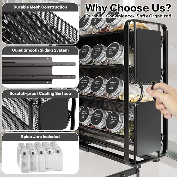 Spice Rack Organizer Drawer Cabinet: Pull Out Spice Seasoning Organization with 20 Jars - Facing Left or Right with Labels and Chalk Maker 4 Tier Slide Out Kitchen Storage for Countertop Wall Mount - Image 4