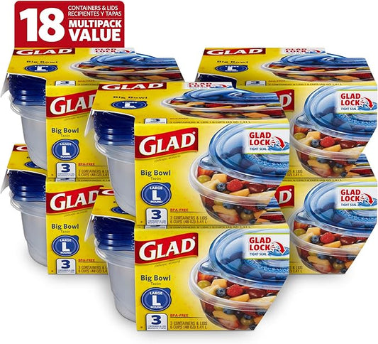 Glad GladWare Big Bowl Food Storage Containers with Lids, Large Round No BPA Plastic Containers for Soups, Salads, and Meal Prep, Lock Tight Seal, Microwave Dishwasher Safe, 48 Oz, 3 Count - 6 Pack | Lock-tight seal for soups, salads, and meal prep in ... by GladTrashFoodStorage