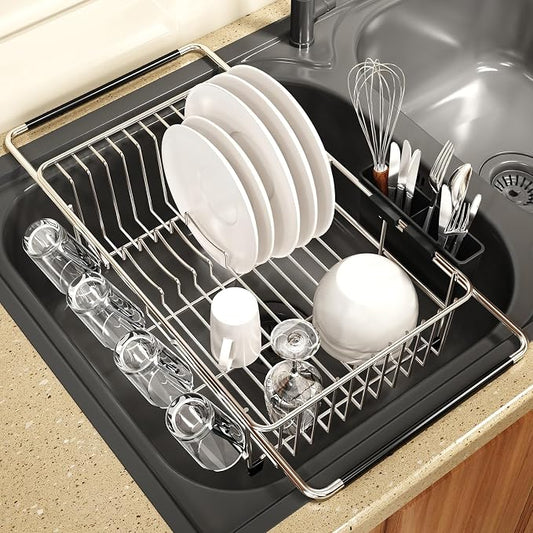 Dish Drying Rack Over The Sink with Adjustable Utensil Holder | Expandable Stainless Steel Dish Drainer for Small Kitchen, Apartment, RV, Counter Space Saving, Perfect Fit, Rustproof by MAJALiS