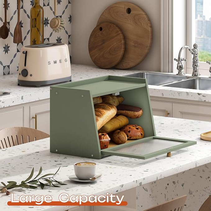 GHWIE Large Bread Box, Easy Access & Cleaning - Bamboo Bread Box for Kitchen Countertop with Acrylic Door (Green, Medium) - Image 5