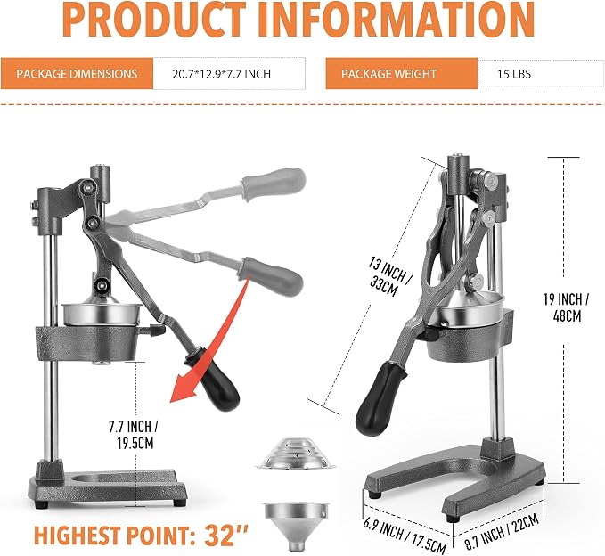 19 Inch Height Extra Tall Commercial Heavy Duty Cast Iron Hand Press Manual Orange Citrus Lemon Lime Grapefruit Pomegranate Fruit Juice Squeezer Machine with Stainless Steel Cup Grey - Image 7