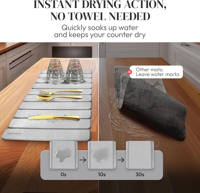 Foldable Kitchen Drying Stone, Stone Drying Mat for Kitchen Sink, 24" x 16" | Quick Moisture Absorption, Premium Diatomaceous Earth, Non-Slip Base, Under Dish Rack or Direct Drying, Sanding Tool Included - Image 2