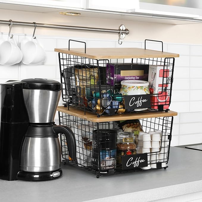 2 Set XXL Stackable Wire Basket with Bamboo Tops & Tag- Pantry Organizer and Storage Bins, Kitchen Counter Cabinet Shelf Countertop Under Sink Organizing, Food Snack Produce Onion Potato Bread Storage - Image 5