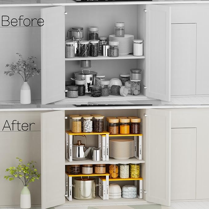 Expandable Kitchen Cabinet Organizer Shelves – Stackable Adjustable Metal and Wood Storage Racks for Countertop, Pantry, Garage Set of 2 Spice Rack – Easy Assembly, Space-Saving(1 Pack/Medium/White) - Image 4