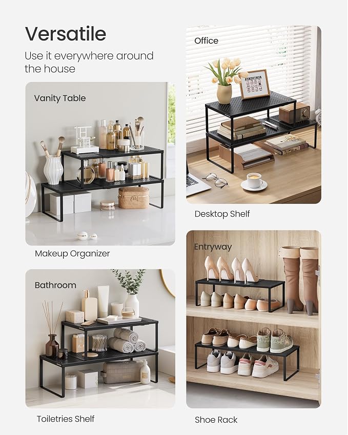 SONGMICS Set of 2 Expandable Pantry Kitchen Organizers, Adjustable Spice Rack, Stackable Cabinet Organizers, Metal, Space-Saving Tabletop Shelves, Matte Black UKCS402B01 (Pack of 2) - Image 5