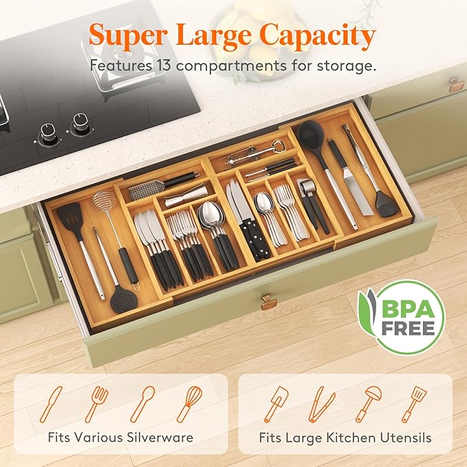 Lifewit Large Silverware Drawer Organizer, Bamboo Utensil Tray for Kitchen | Expandable 21.4 to 36 Inches Wide, Adjustable Flatware and Cutlery Holder for Spoons Forks Knives, 13 Compartments, Natural - Image 5
