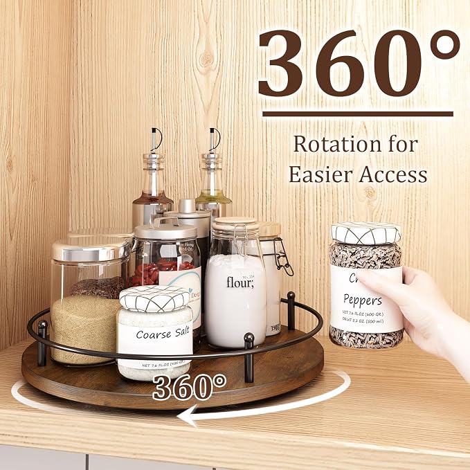 12" Lazy Susan Turntable Organizer,Round Wooden Lazy Susan Organization and Rotating Spice Rack for Dining Table,Pantry,Kitchen Countertop,Vanity,Cupboard and More.Vintage Wood(Round) - Image 4