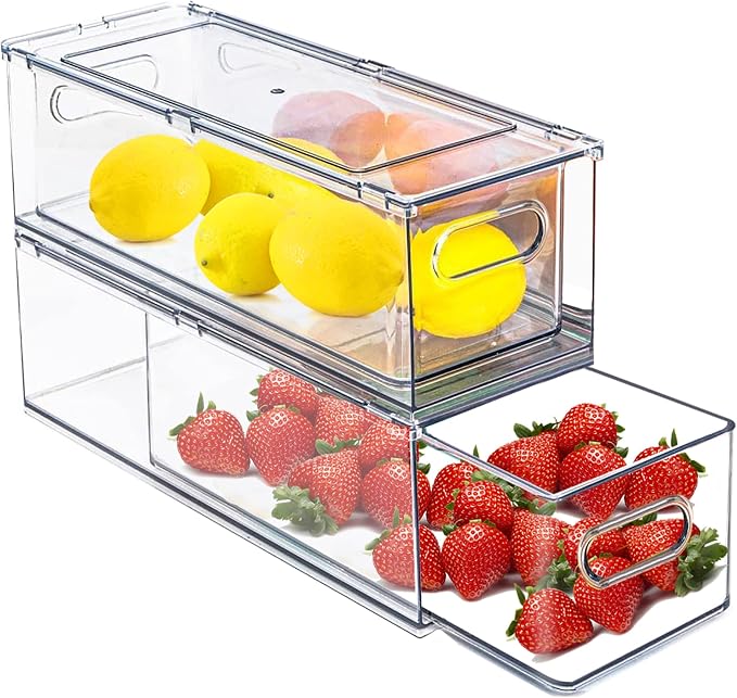 bealy 2 Pack Refrigerator Organizers and Storage, Stackable Clear Pull out Drawer Organizer Bins, BPA-Free Fridge Organizer and Storage for Fruit, Produce, Drink, Snack and Food Storage Containers by bealy
