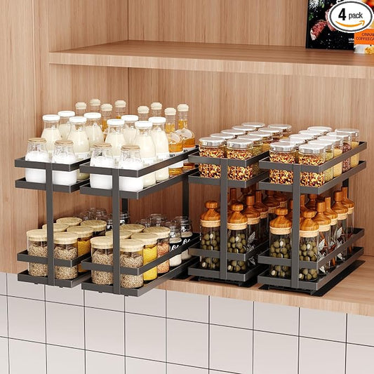 Mustorn 4 Pack Pull Out Spice Rack Organizer for Cabinet, 2 Tier Metal Slide Out Seasoning Organizer and Storage Heavy Duty Vertical Spice Rack Shelf Pullout for Kitchen Cabinets No Drilling (Black) by MUSTORN