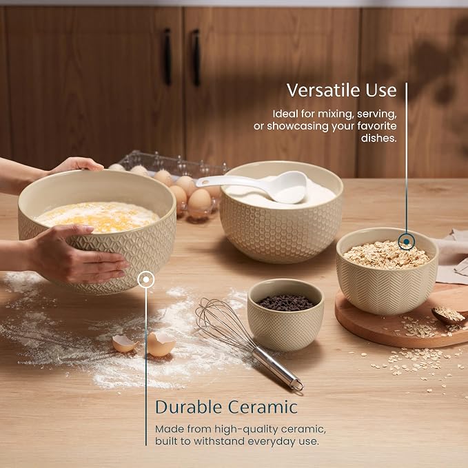 KooK Ceramic Mixing Bowls, Nesting Set of 4, Embossed Kitchen Dishware, Prep, Serving, Gift, Microwave and Dishwasher Safe, 20/44/98/145 oz, Narbonne Collection (Almond) - Image 4