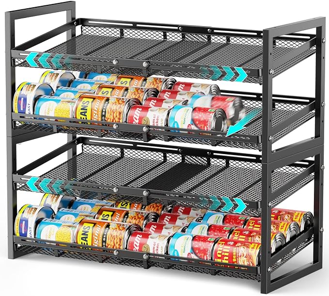 Can Storage Organizer Pantry - Expandable Width, Holds 96 Cans | Adjustable Width for Soda and Food Cans, For Pantry Shelf Storage & Easy Restocking, Self-Rolling Stackable Metal Rack by iSPECLE