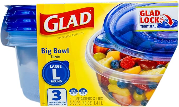 Glad GladWare Big Bowl Food Storage Containers, Large, 48 Oz, 3 Count, 6-Pk | Lock-tight seal for soups, salads, and meal prep in a large round format; microwave and dishwasher safe - Image 2