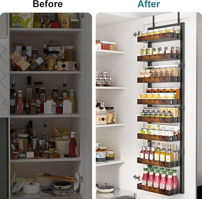 BUKFEN 8-Tier Over the Door Pantry Organizer, Adjustable Wooden Basket | Door & Wall Mounted Spice Rack, 16 Hooks, Heavy-Duty Metal Over Door Organization Storage for Kitchen, Bathroom, Closet - Image 3