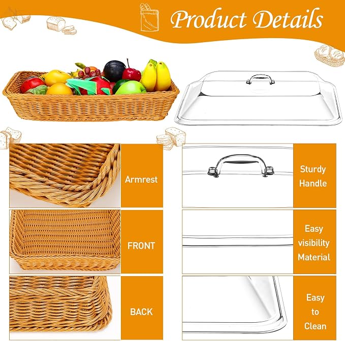 Mumufy 2 Pack Wicker Large Bread Basket with Acrylic Lid Housewarming Gift Woven Rectangular Imitation Rattan Fruit Basket with Cover for Serving Food Display Tabletop Home Kitchen(17.72x13.78'') - Image 4