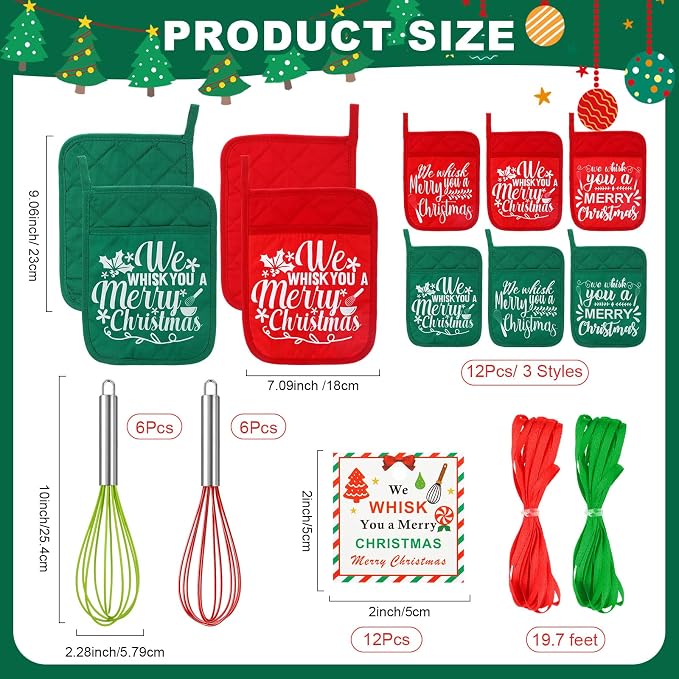LemonRoad 12 Sets Christmas Whisk Baking Gift Set Xmas Silicone Whisks Oven Mitt Pot Holder Greeting Cards Ribbon Bags for Holiday Kitchen Utensils Cooking Supplies Neighbor Gift(Classic,Red, Green) - Image 2
