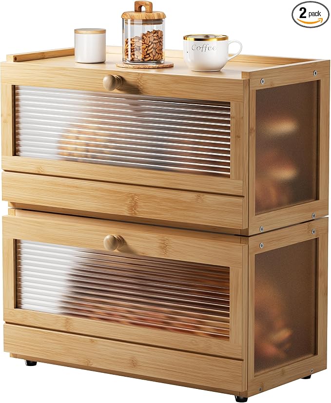 Stackable Bread Box for Kitchen Countertop, 2 Tier Bamboo Bread Storage Container Holder Bin for Baked Goods Snacks Farmhouse Breadbox with Acrylic Window for Pantry Cabinet Cupboard, Natural by Unknown