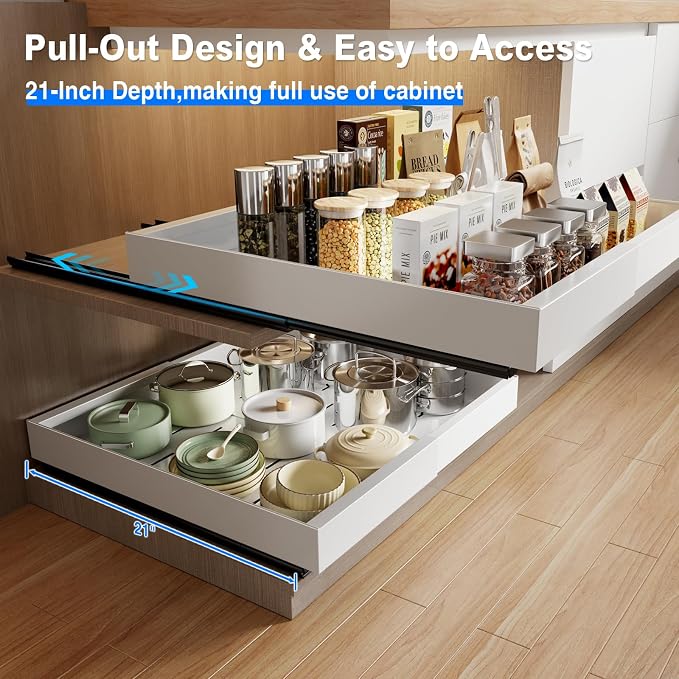 MUSTORN Expandable Pull Out Cabinet Organizer, 21"Deep Slide Out Drawer for Cabinets Adhesive Pull Out Drawers Heavy Duty Pull Out Shelves for Kitchen, Cupboard, Pantry, Bathroom(White,1-Pack) - Image 4