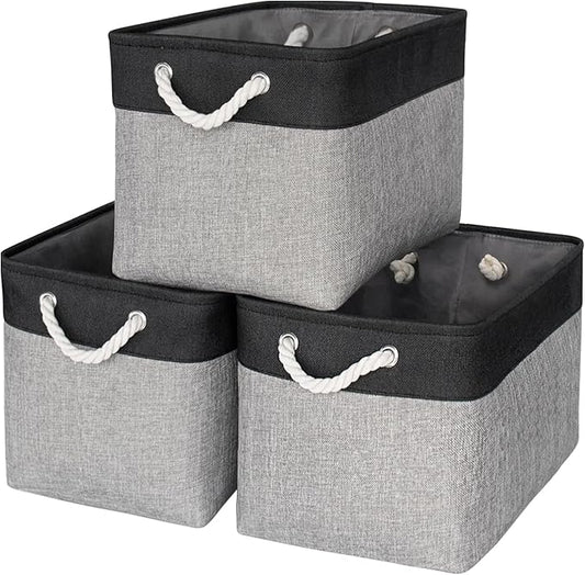 Storage Basket for Organizing - 16x12x12 inch Cube Storage bin 3 Pack Fabric Storage Cubes, Collapsible Storage Box for Organizer Cloth Gift Toy Closet (Black & Grey) by TheWarmHome