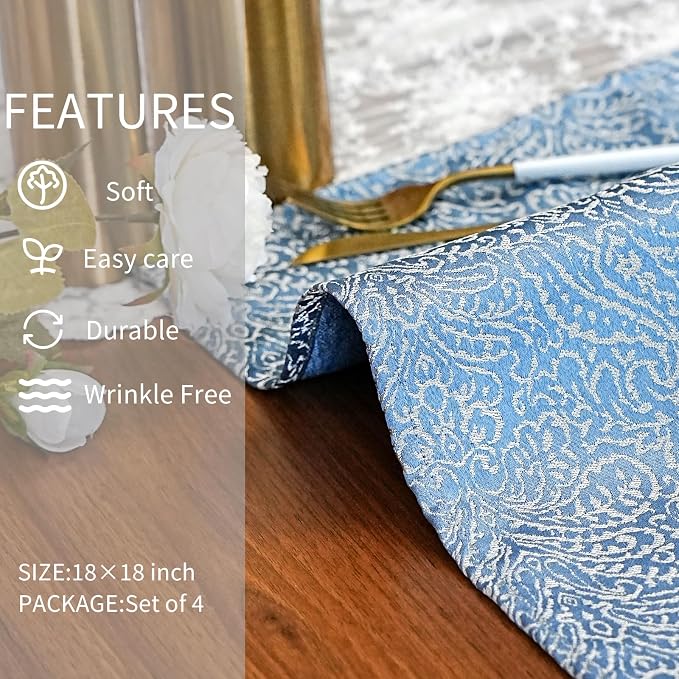 Blue Cloth Napkins Set of 4, 18 x 18 Inch Dinner Napkins | Reusable Washable Cotton Polyester Soft Luxury Elegant Fancy Jacquard Fabric Table Napkins - Image 7
