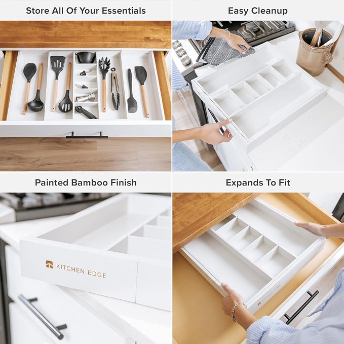 Utensil & Junk Drawer Organizer, 16-28 in, White Bamboo | Food-safe contract grade, 100% sustainable wood, non-slip, adjustable - Image 3