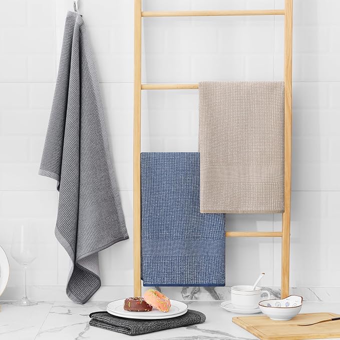 Homaxy 380 GSM Cotton Premium Kitchen Towels 12 Pack, 18"x 28", Mix | Flat and Terry Dish Towels, Highly Absorbent Tea Towel Set with Hanging Loop, Soft Kitchen Hand Towels, Grey/Khaki/Black - Image 6