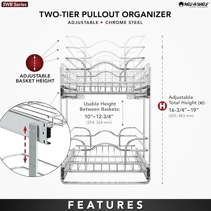 Rev-A-Shelf Pullout Organizer for Cabinets, Min Opening Width of 11.5" | Two-Tier Steel Shelf for Kitchen or Vanity Cabinet Organization, Heavy Gauge Wire Slide Out Storage Basket, 5WB2-1222CR-1 - Image 4