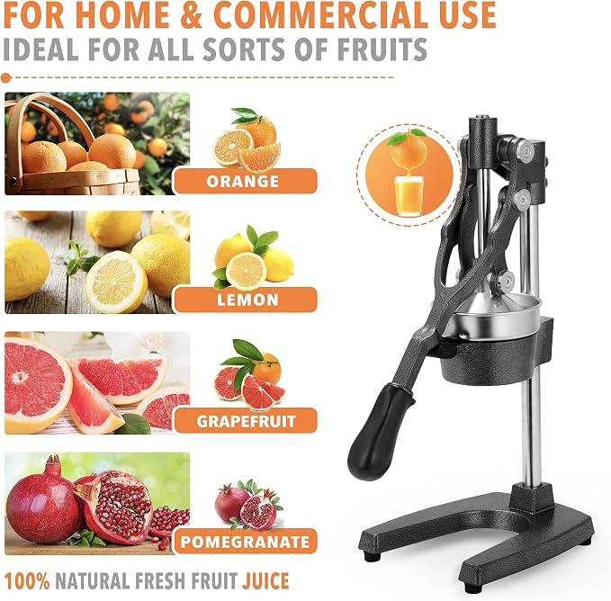 19 Inch Height Extra Tall Commercial Heavy Duty Cast Iron Hand Press Manual Orange Citrus Lemon Lime Grapefruit Pomegranate Fruit Juice Squeezer Machine with Stainless Steel Cup Black - Image 4