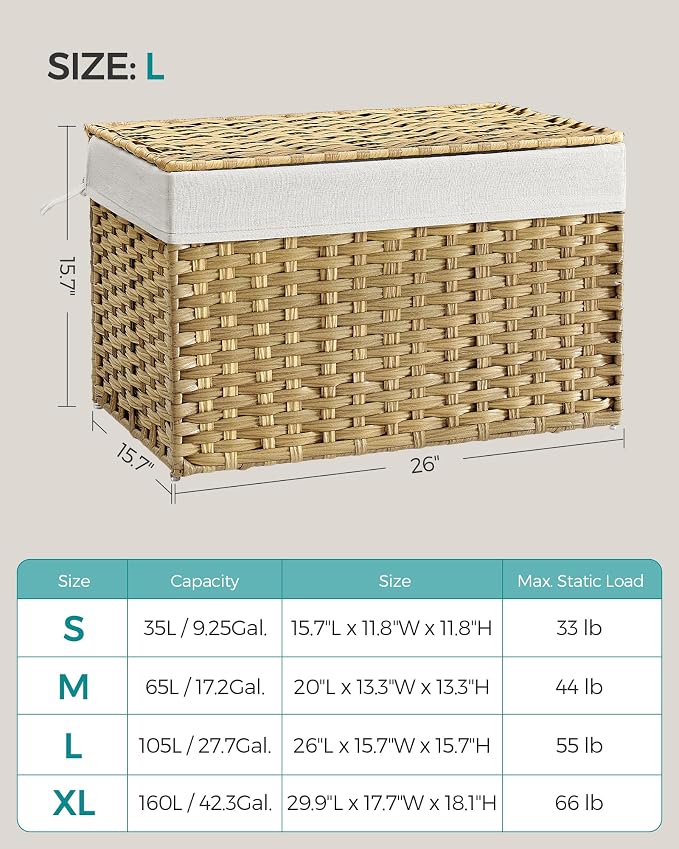 SONGMICS Storage Basket with Lid, Woven Blanket Storage Bin with Handles, Foldable, Removable Liner, Metal Frame, for Bedroom, Laundry Room, 27.7 Gallons (105 L), Natural URST066N01 - Image 7
