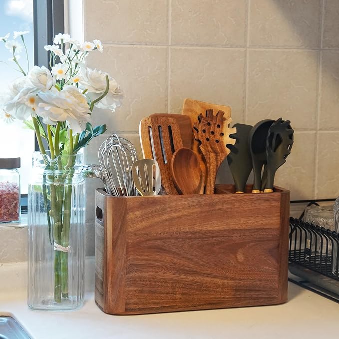Large Acacia Wood Utensil Holder with 3 Compartments for Kitchen Counter, Extra Large Farmhouse Wooden Utensil Organizer for Cooking Tools and Silverware - Image 7
