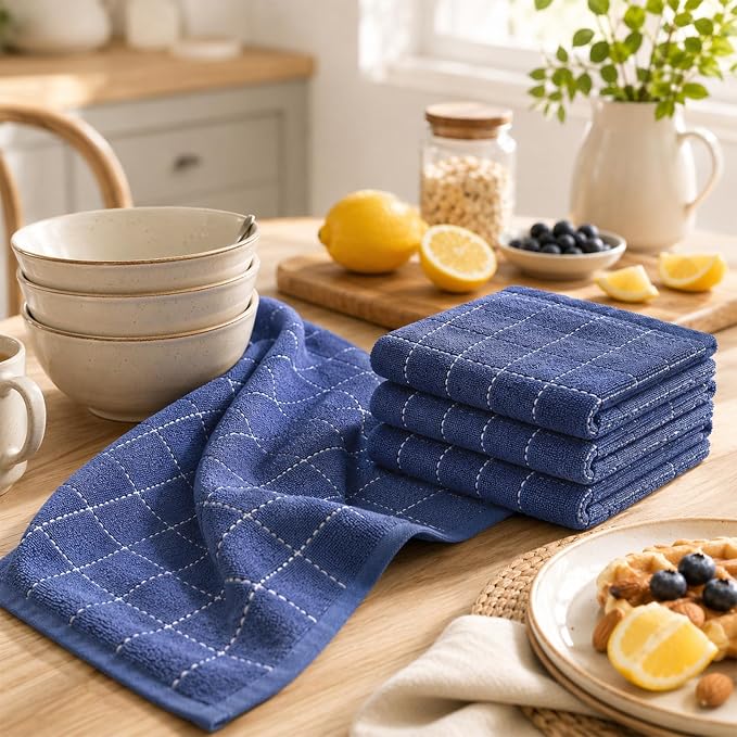 Kitinjoy 100% Cotton Terry Kitchen Towels, 13”x 28”, 6-Pack, Navy Blue | Checkered Designed, Ultra Soft Absorbent Quick Drying Dish Towels - Image 3