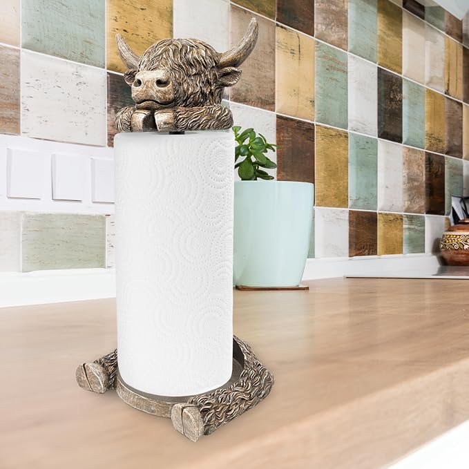 Rustic Highland Cow Paper Towel Holder - Resin Metal Farmhouse Decor Stand | Unique country-style kitchen/dining countertop organizer, adorable animal figurine display, ideal gift, fits standard rolls - Image 7