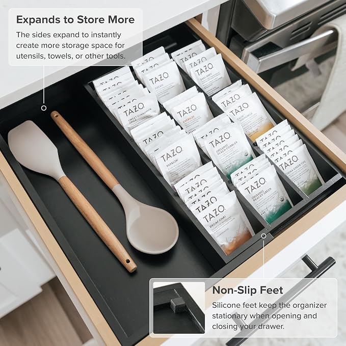 Tea Bag & Coffee Pod Organizer, 9.7-17 in, Black Bamboo | 10 storage compartments, adjustable wall inserts, non-slip feet, food-safe - Image 6