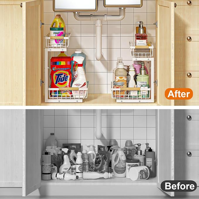 Under Sink Organizer, White 2 Pack Height Adjustable | 2 Tier Pull Out Drawer, Under Sink Organizers and Storage, Cabinet Storage for Kitchen Bathroom - Image 6