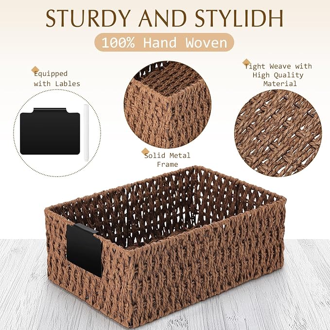 Marsui 6 Pcs Wicker Storage Baskets for Pantry Organization with Labels Handwoven Paper Rope Multi-size Brown Wicker Storage Bins for Organizing Small Baskets Container for Shelves Closet Toilet - Image 3