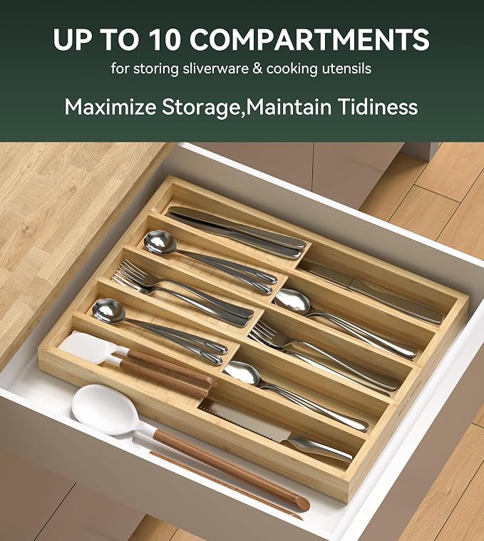 Silverware Drawer Organizer for Kitchen Utensil,Bamboo 10 Slot | 16”Dx12.3”Wx1.7”H, Vertical Storage, Cutlery Tray Dividers for Spoons Forks Knives - Image 3