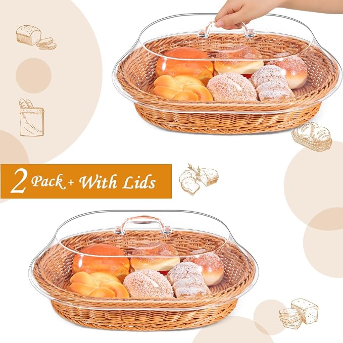 Hushee 2 Set Imitation Rattan Bread Basket with Lid Wicker Bread Baskets for Serving Woven Fruit Basket with Cover Oval Food Baskets for Food Vegetables Display(13.78 x 9.84 Inch) - Image 3
