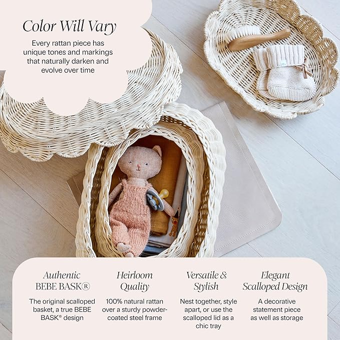 BEBE BASK The Original Scalloped Basket with Lid - Set of 2 (15x11x6 In) | Handwoven & Award Winner, Sustainable Rattan, Wicker Basket With Scalloped Edge Lid, Nursery Storage, Scallop Basket, Natural - Image 5
