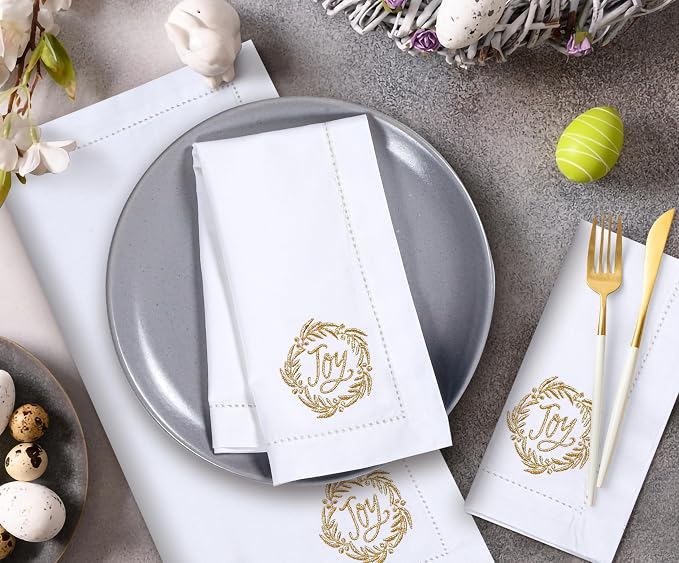 Bedding Craft Cotton Cloth Dinner Napkins Set of 12 – 18x18 White with Gold Embroidery – Reusable Machine Washable Fabric Napkins for Weddings, Parties & Everyday Dining - Image 4