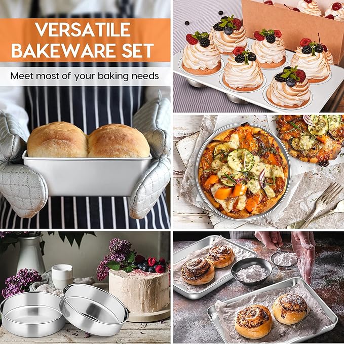 Toaster Oven Bakeware Set, E-far 8-Piece Stainless Steel Small Baking Pan Set, Include 6-Inch Cake Pan/Rectangle Baking Pan/Cookie Sheet with Rack/Muffin/Loaf/Pizza Pan, Non-Toxic & Dishwasher Safe - Image 3