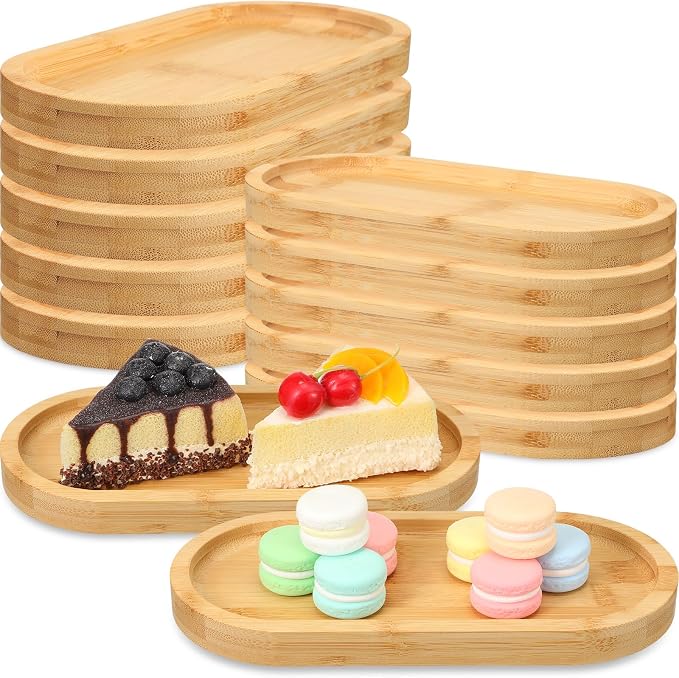 Nuogo 12 Pcs Bamboo Serving Tray 10 x 5 Inch Bamboo Oval Platter Wooden Serving Platter Oval Charcuterie Plates Board Wood Cheese Plate Fruit Wood Tray for Tea Coffee Table Cup Kitchen Dessert Veggie by Nuogo