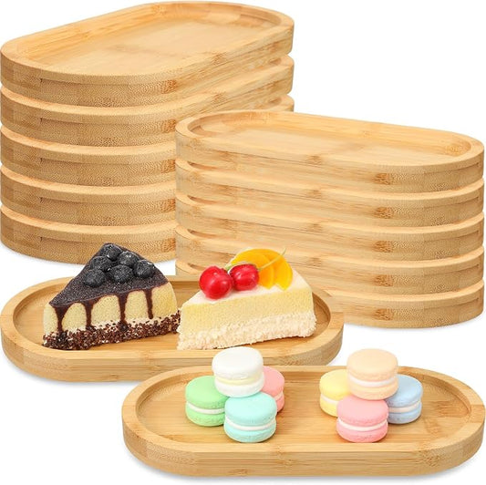 Nuogo 12 Pcs Bamboo Serving Tray 10 x 5 Inch Bamboo Oval Platter Wooden Serving Platter Oval Charcuterie Plates Board Wood Cheese Plate Fruit Wood Tray for Tea Coffee Table Cup Kitchen Dessert Veggie by Nuogo