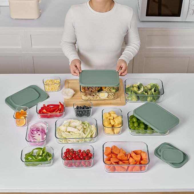 Glass Food Storage Containers with Lids — 6 Piece — 26.5 oz & 40.57 oz Glass with BPA-Free Leakproof Stackable Lids — Microwave, Oven & Dishwasher Safe — Ideal for Meal Prep & More - Soft Sage - Image 6