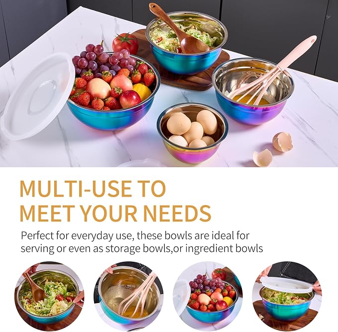 Colorful Mixing Bowls with Airtight Lids, Stainless Steel Nesting Mixing Bowls Set of 7, Ideal for Baking, Prepping and Serving Food, Size 7, 3.6, 2.7, 2.1, 1.5, 1.1,0.8 QT, Stackable Design - Image 5