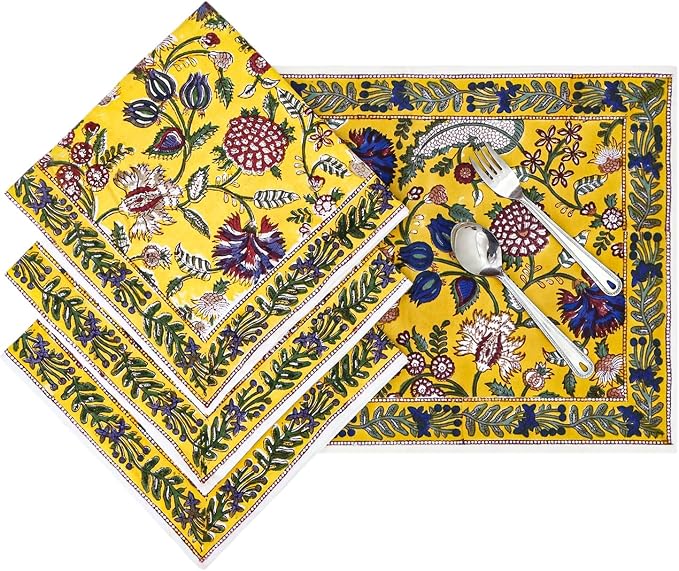 16x16 Inches Cotton Napkins Set of 4, Yellow Red, Washable Hand Block Printed Reusable Cloth Napkins for Dinning, Party, Wedding, Home Decor Autumn - Image 9