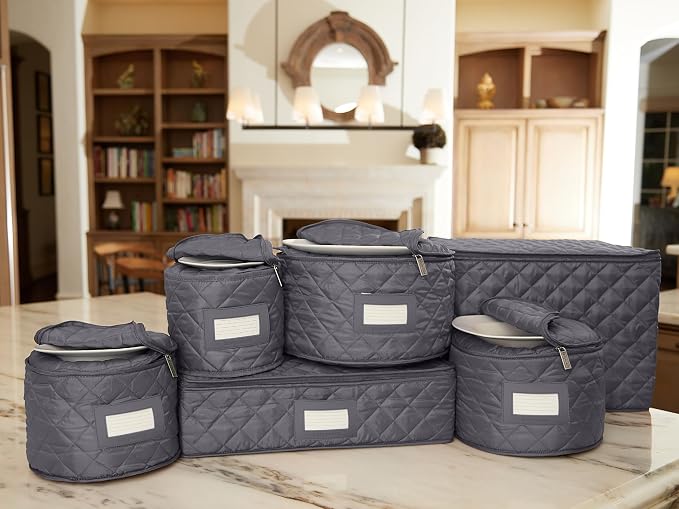 Covermates Keepsakes Dish Storage Set – Padded China & Dinnerware Storage Cases with Dividers, Cup & Stemware Storage, Quilted Polyester Protection, ID Window, Slate - Image 7