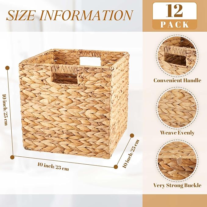 Jinei 12 Pcs Wicker Storage Basket Bulk 10 x 10 x 10 Inch Handwoven Water Hyacinth Cube Bin with Handles Woven Laundry for Organizer Shelves Wood Color - Image 2