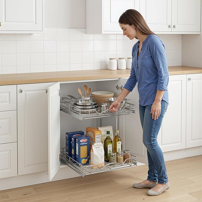 2-Tier Pull-Out Cabinet Organizer for Kitchen, 20" W x 21”D x 16.5" H | Full-Extension Sliding Shelves, Holds 100 lbs, Easy Install for Kitchen, Pantry & Under Sink Cabinets - Image 9
