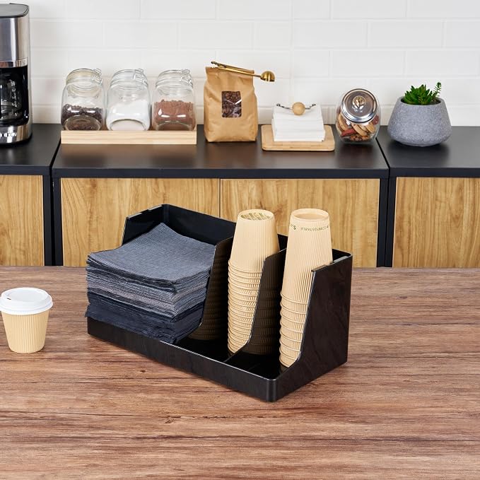 Restaurantware Restpresso Coffee Bar Organizer, 1 Count Durable 3 Compartments, Compact Size, Black Plastic Tabletop Coffee Supplies Organizer For Homes, Office Spaces, Breakrooms, and Lounges - Image 3