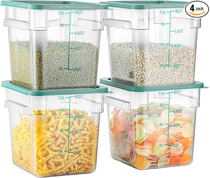 4 Pack 8 QT Food Storage Containers with Green Lids Handle and Scarle Stackable Clear Square Commercial Container Set For Dough Proofing Home Restaurant Kitchen Supply BPA-Free Polycarbonate by EGGKITPO